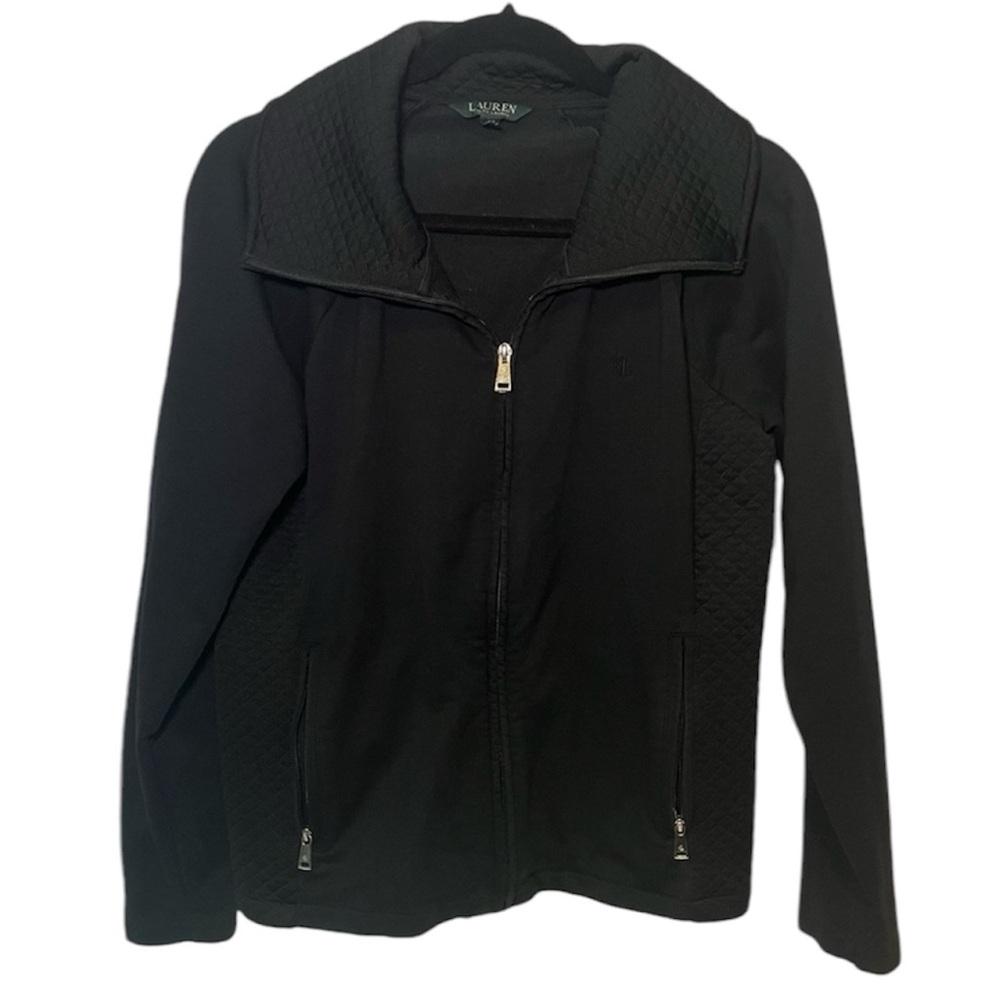 Lauren Ralph Lauren Womens Size Med Black Knit Zippered Quilted Cardigan Jacket